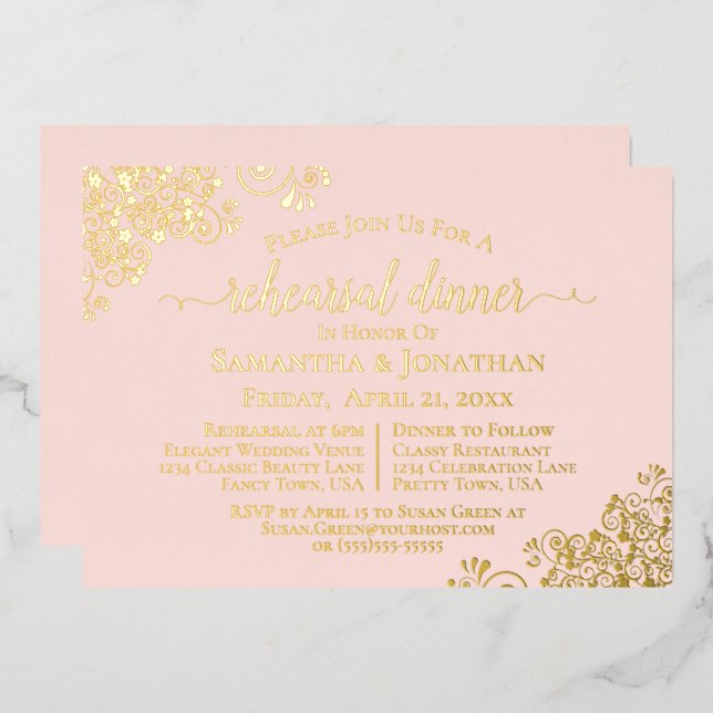 Gold Lace on Blush Pink Wedding Rehearsal Dinner (Front/Back)