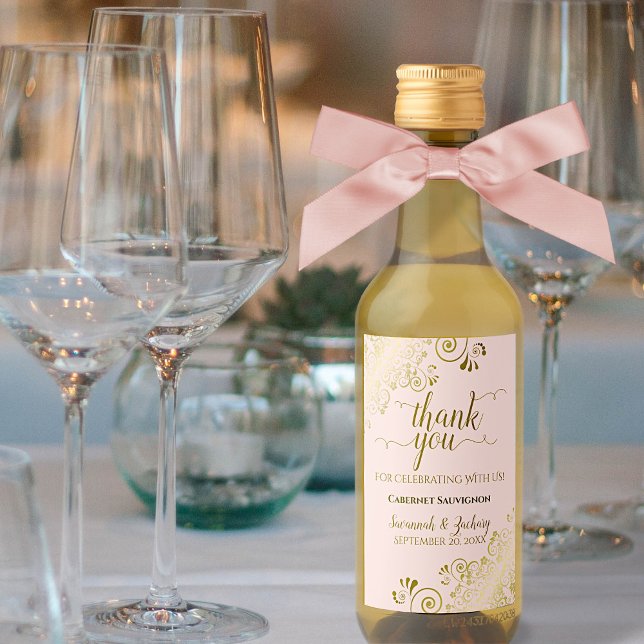 Gold Lace on Blush Pink Wedding Thank You Mini Wine Label (Creator Uploaded)