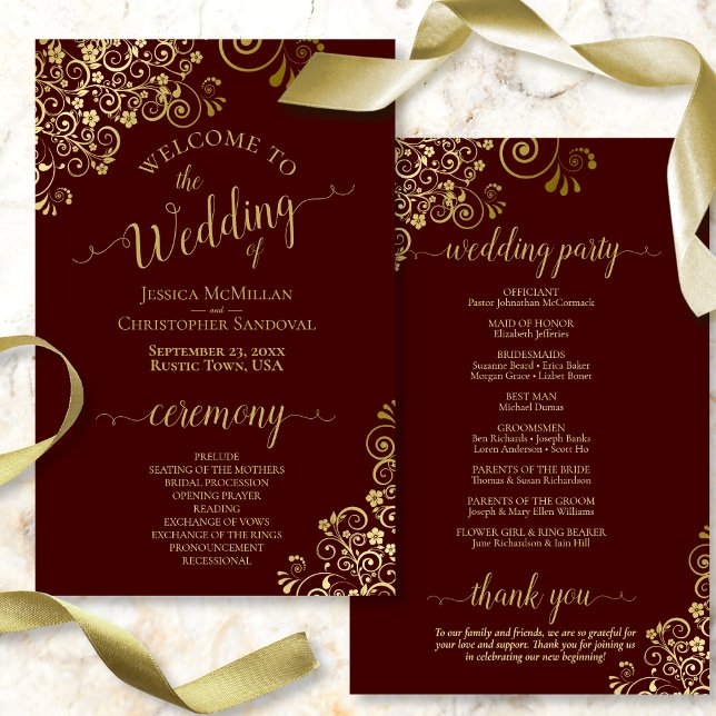 Gold Lace on Burgundy Budget Wedding Program (Front and Back)