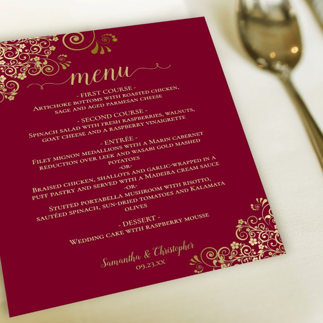 Gold Lace on Burgundy Maroon Budget Wedding Menu (Creator Uploaded)