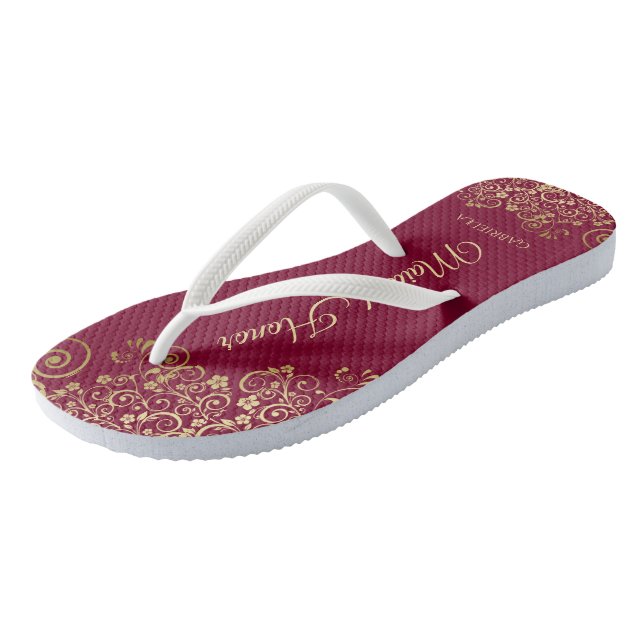 Gold Lace on Burgundy Maroon Maid of Honor Wedding Flip Flops (Angled)