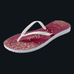 Gold Lace on Burgundy Maroon The Bride Wedding Flip Flops<br><div class="desc">Dance the night away with these beautiful wedding flip flops. Designed for the bride, they feature a simple yet elegant design with gold colored script lettering on a burgundy, maroon, or wine red colored background and fancy golden lace curls and swirls. Beautiful way to stay fancy and appropriate while giving...</div>