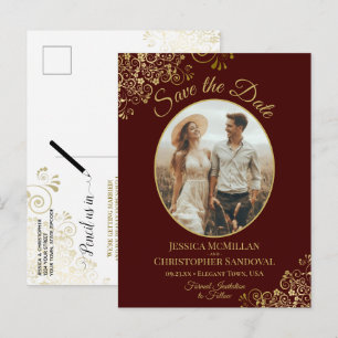 Gold Lace on Burgundy Wedding Save the Date Photo Announcement Postcard