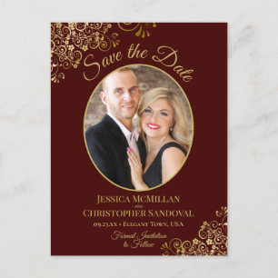 Gold Lace on Burgundy Wedding Save the Date Photo Announcement Postcard