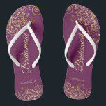 Gold Lace on Cassis Purple Bridesmaid Wedding Flip Flops<br><div class="desc">These elegant wedding flip flops are a great way to thank and recognize your bridesmaids, while giving their feet a rest after a long day. The beautiful design features an elegant design with golden lace frills on a cassis purple, magenta, or berry coloured background and fancy gold coloured script lettering....</div>