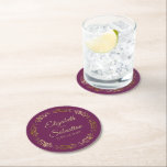 Gold Lace on Cassis Purple or Magenta Chic Wedding Round Paper Coaster<br><div class="desc">These beautiful wedding coasters feature a simple yet elegant design with a golden faux foil lace border on a cassis purple,  magenta,  or berry coloured background. There is gold script lettering with the couple's names and the wedding date. Wonderful wedding memento or save the date gift.</div>