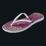 Gold Lace on Cassis Purple The Bride Wedding Flip Flops<br><div class="desc">Dance the night away with these beautiful wedding flip flops. Designed for the bride, they feature a simple yet elegant design with gold coloured script lettering on a cassis purple, magenta, or berry coloured background and fancy golden lace curls and swirls. Beautiful way to stay fancy and appropriate while giving...</div>