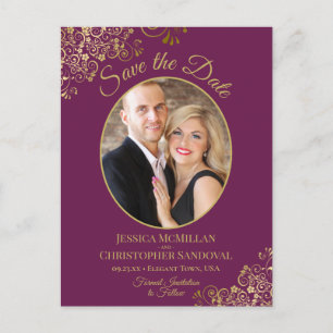 Gold Lace on Cassis Wedding Save the Date Photo Announcement Postcard
