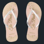 Gold Lace on Coral Peach The Bride Elegant Wedding Flip Flops<br><div class="desc">Dance the night away with these beautiful wedding flip flops. Designed for the bride, they feature a simple yet elegant design with gold coloured script lettering on a light orange or coral peach coloured background and fancy golden lace curls and swirls. Beautiful way to stay fancy and appropriate while giving...</div>