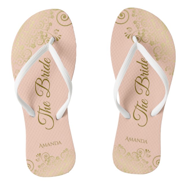 Gold Lace on Coral Peach The Bride Elegant Wedding Flip Flops (Footbed)
