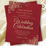 Gold Lace on Crimson Red BUDGET Wedding Invitation<br><div class="desc">These affordable, budget friendly wedding invitations are the perfect choice for class, style, and beauty on a budget. The design features a marbled crimson red background with ornate golden curls and swirls in the corners. The typography includes fancy script lettering for a style that is at once simple and elegant....</div>