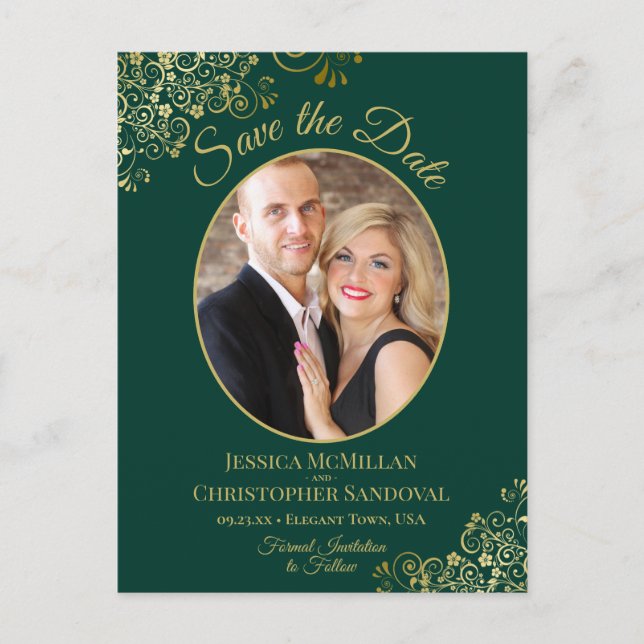 Gold Lace on Emerald Wedding Save the Date Photo Announcement Postcard (Front)