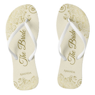 Gold Lace on Ivory Cream The Bride Elegant Wedding Flip Flops