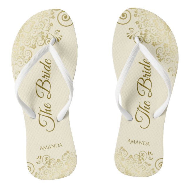 Gold Lace on Ivory Cream The Bride Elegant Wedding Flip Flops (Footbed)
