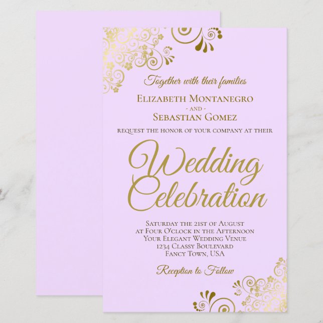 Gold Lace on Lilac BUDGET Wedding Invitation Large (Front/Back)