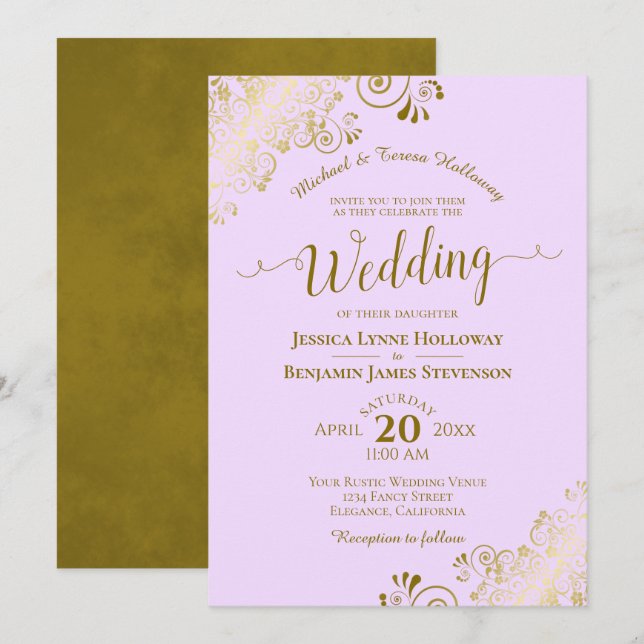 Gold Lace on Lilac Purple Elegant Formal Wedding Invitation (Front/Back)