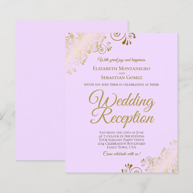 Gold Lace on Lilac Wedding Reception BUDGET Invite (Front/Back)