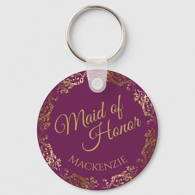 Gold Lace on Magenta Elegant Maid of Honour Weddin Keychain (Front)