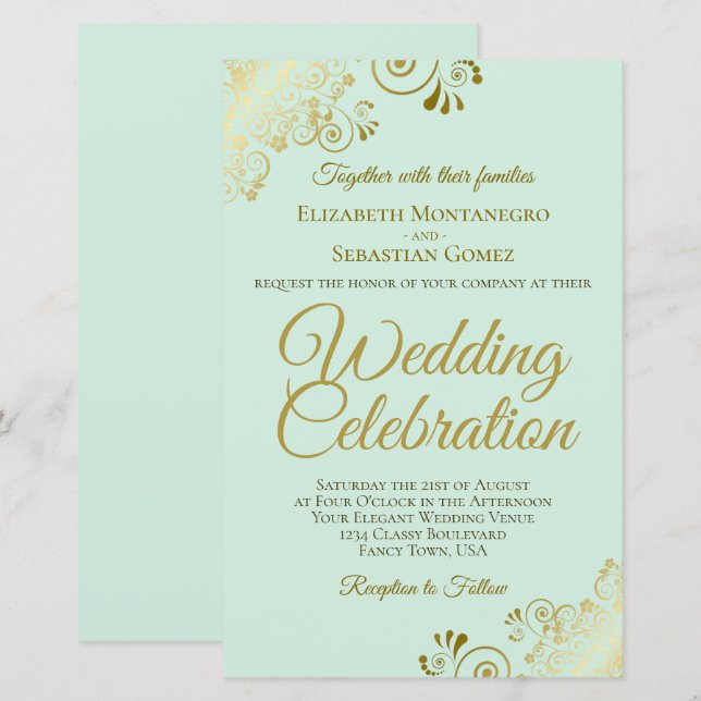 Gold Lace on Mint BUDGET Wedding Invitation Large (Front/Back)