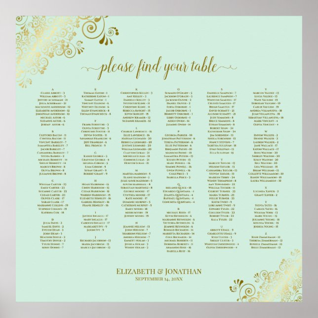 Gold Lace on Mint Green Alphabetical Seating Chart (Front)