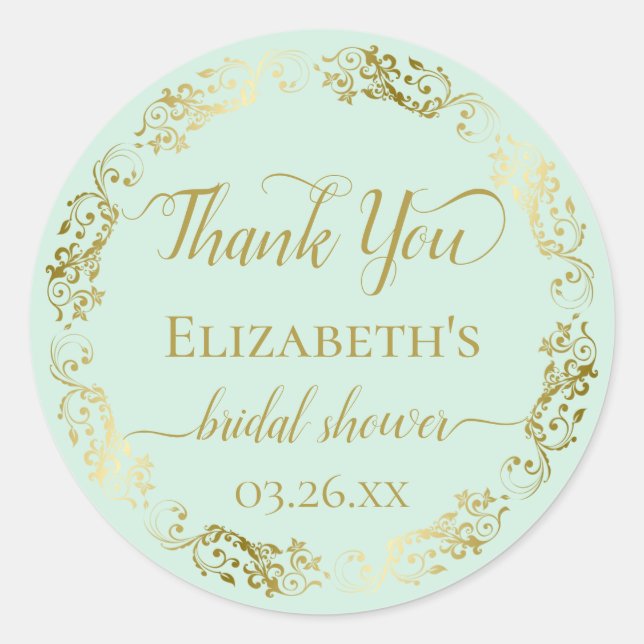 Gold Lace on Mint Green Bridal Shower Thank You Classic Round Sticker (Front)