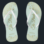 Gold Lace on Mint Green The Bride Elegant Wedding Flip Flops<br><div class="desc">Dance the night away with these beautiful wedding flip flops. Designed for the bride, they feature a simple yet elegant design with gold coloured script lettering on a light neo mint green coloured background and fancy golden lace curls and swirls. Beautiful way to stay fancy and appropriate while giving your...</div>