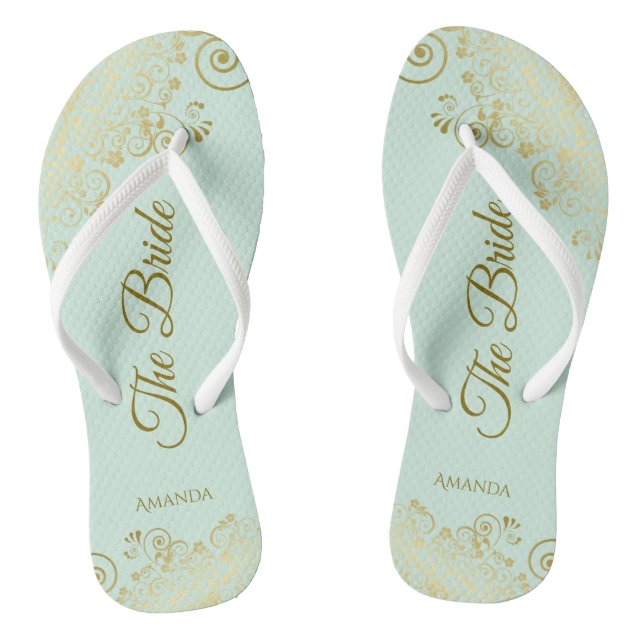 Gold Lace on Mint Green The Bride Elegant Wedding Flip Flops (Footbed)