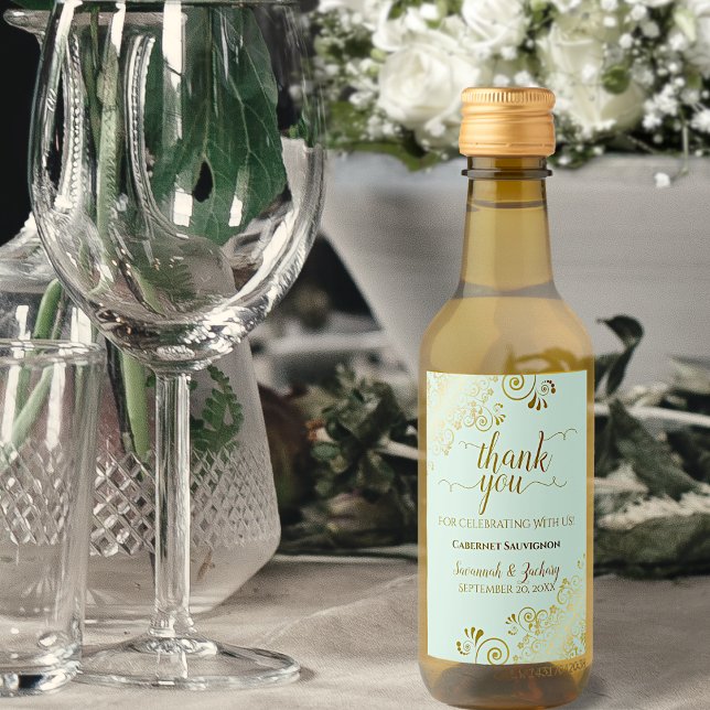 Gold Lace on Mint Green Wedding Thank You Mini Wine Label (Creator Uploaded)