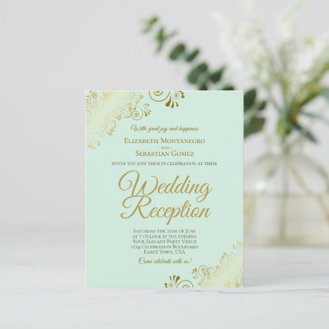Gold Lace on Mint Wedding Reception BUDGET Invite (Standing Front)