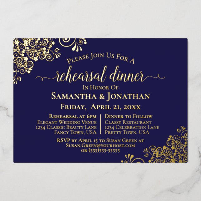 Gold Lace on Navy Blue Wedding Rehearsal Dinner (Front)