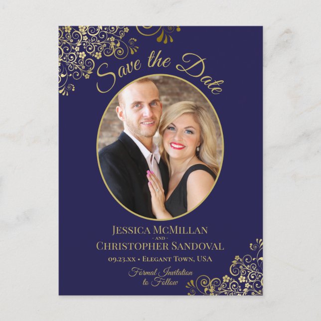Gold Lace on Navy Wedding Save the Date Oval Photo Announcement Postcard (Front)
