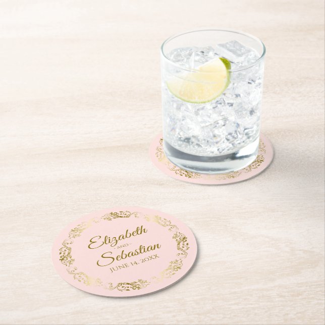 Gold Lace on Pale Blush Pink Elegant Wedding Round Paper Coaster (Insitu)