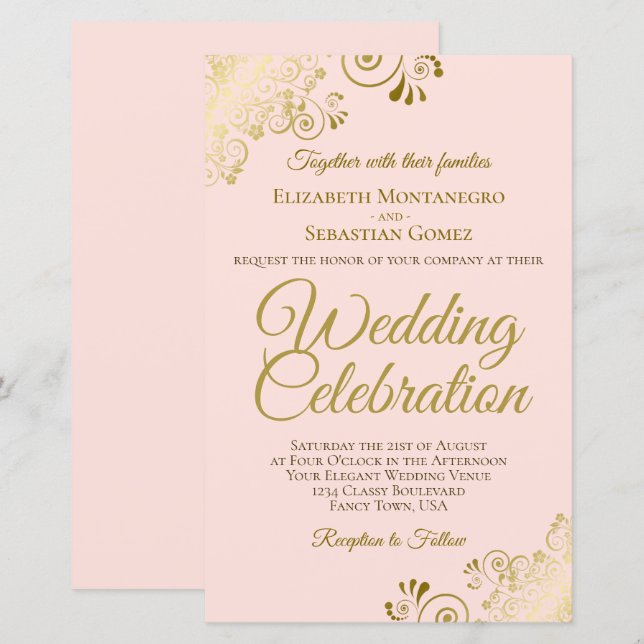Gold Lace on Pink BUDGET Wedding Invitation Large (Front/Back)