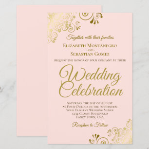Gold Lace on Pink BUDGET Wedding Invitation Large