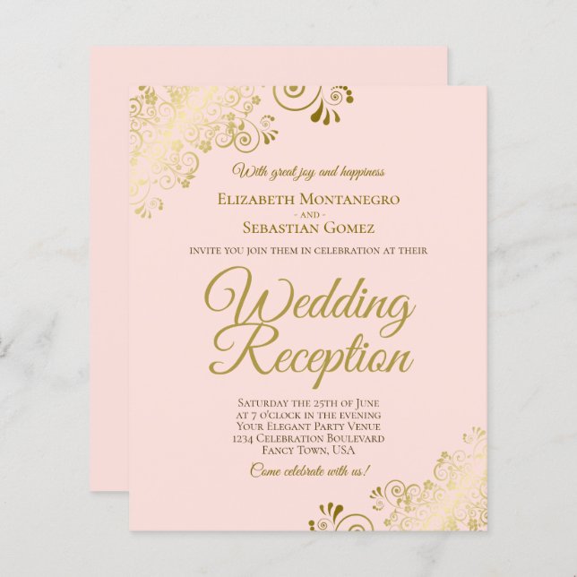 Gold Lace on Pink Wedding Reception BUDGET Invite (Front/Back)