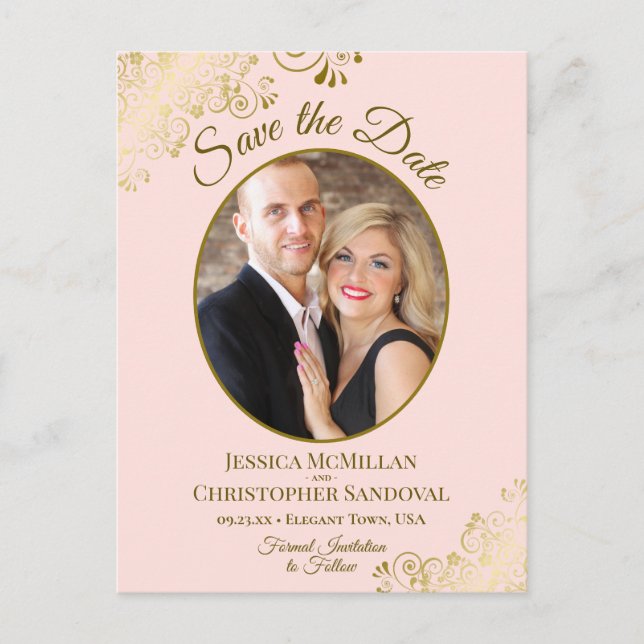 Gold Lace on Pink Wedding Save the Date Oval Photo Announcement Postcard (Front)