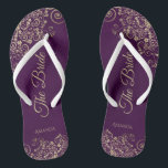 Gold Lace on Plum Purple Elegant The Bride Wedding Flip Flops<br><div class="desc">Dance the night away with these beautiful wedding flip flops. Designed for the bride, they feature a simple yet elegant design with gold coloured script lettering on a plum purple coloured background and fancy golden lace curls and swirls. Beautiful way to stay fancy and appropriate while giving your feet a...</div>