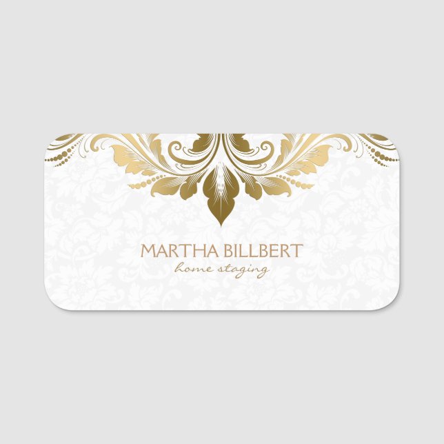 Gold Lace On Plush White Damasks Name Tag (Front)