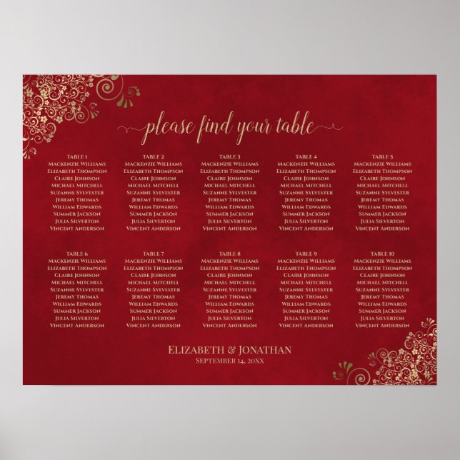 Gold Lace on Red 10 Table Wedding Seating Chart (Front)