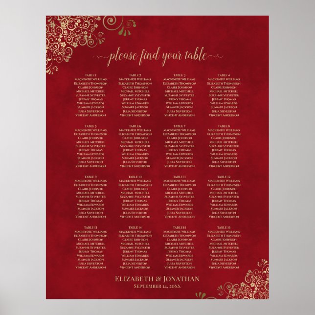 Gold Lace on Red 16 Table Wedding Seating Chart (Front)