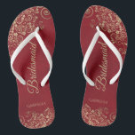 Gold Lace on Red Elegant Bridesmaid Wedding Flip Flops<br><div class="desc">These elegant wedding flip flops are a great way to thank and recognize your bridesmaids, while giving their feet a rest after a long day. The beautiful design features an elegant design with golden lace frills on a crimson red coloured background and fancy gold coloured script lettering. The text reads...</div>