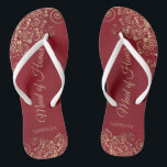 Gold Lace on Red Elegant Maid of Honour Wedding Flip Flops<br><div class="desc">These beautiful wedding flip flops are a great way to thank and recognize your Maid of Honour while saving her feet at the same time. Features an elegant design with golden lace frills on a crimson red background and fancy gold coloured script lettering. The test reads Maid of Honour with...</div>