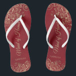Gold Lace on Red Elegant Maid of Honour Wedding Flip Flops<br><div class="desc">These beautiful wedding flip flops are a great way to thank and recognize your Maid of Honour while saving her feet at the same time. Features an elegant design with golden lace frills on a crimson red background and fancy gold coloured script lettering. The test reads Maid of Honour with...</div>