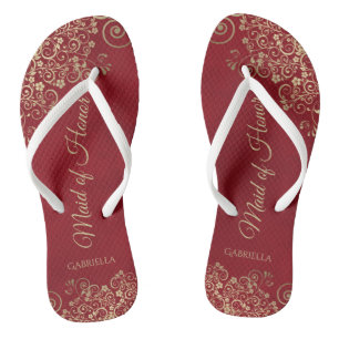 Gold Lace on Red Elegant Maid of Honour Wedding Flip Flops