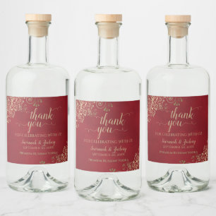 Gold Lace on Red Elegant Wedding Thank You Liquor Bottle Label