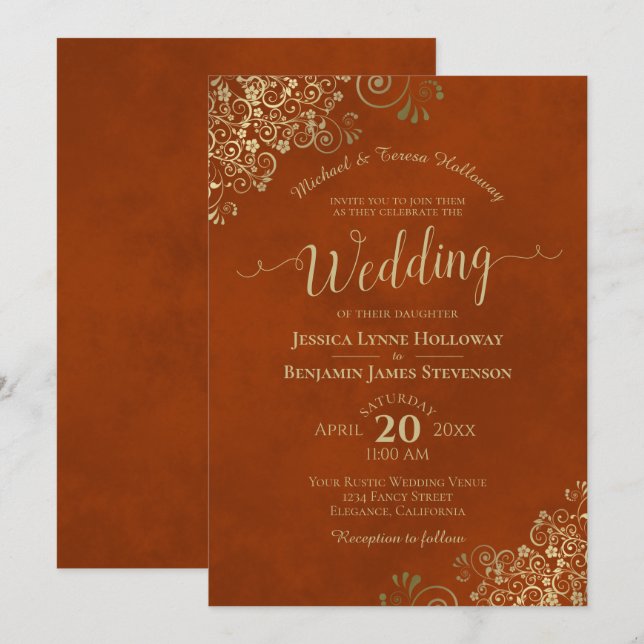Gold Lace on Rust Orange Elegant Formal Wedding Invitation (Front/Back)