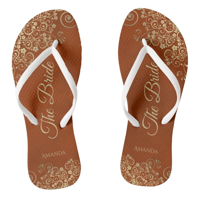 Gold Lace on Rust Orange Elegant The Bride Wedding Flip Flops (Footbed)