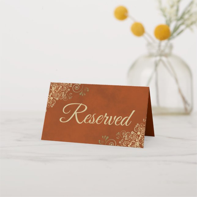 Gold Lace on Rust Orange Elegant Wedding Reserved Place Card (Back)