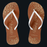 Gold Lace on Rust Orange Maid of Honour Wedding Flip Flops<br><div class="desc">These beautiful wedding flip flops are a great way to thank and recognize your Maid of Honour while saving her feet at the same time. Features an elegant design with golden lace frills on a rust orange or burnt umber coloured background and fancy gold coloured script lettering. The test reads...</div>