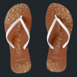 Gold Lace on Rust Orange Maid of Honour Wedding Flip Flops<br><div class="desc">These beautiful wedding flip flops are a great way to thank and recognize your Maid of Honour while saving her feet at the same time. Features an elegant design with golden lace frills on a rust orange or burnt umber coloured background and fancy gold coloured script lettering. The test reads...</div>